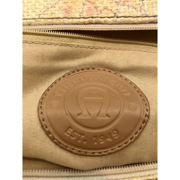 Etienne Aigner Floral  Straw Hand Bag Cream Coral‎ Camel Compartment Spring - Picture 11 of 13